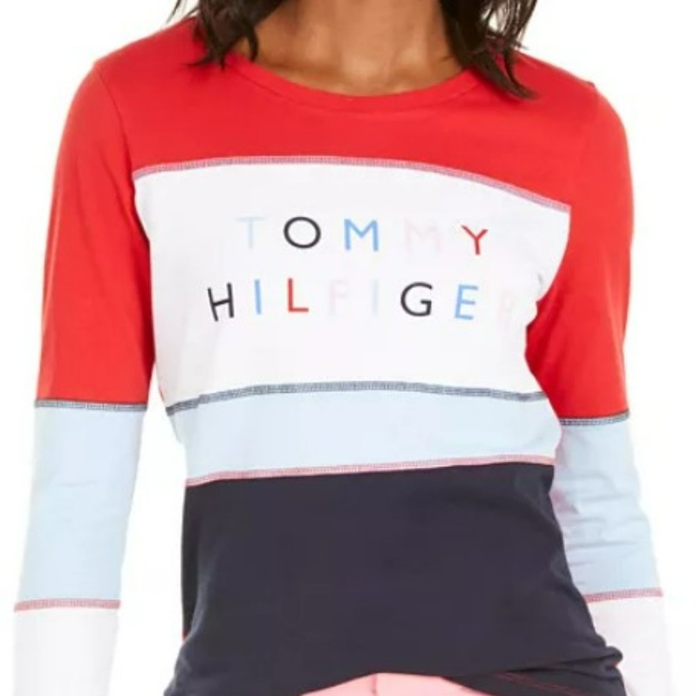 Tommy Hilfiger Long Sleeve Cotton Color Block Logo Graphic T-Shirt NEW XS